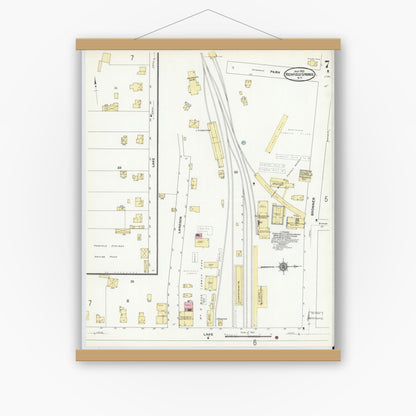 Old map wall art mockup — magnetic wood frame on white wall — Sanborn Fire Insurance Map from Richfield Springs, Otsego County, New York (1910), Sheet #0007