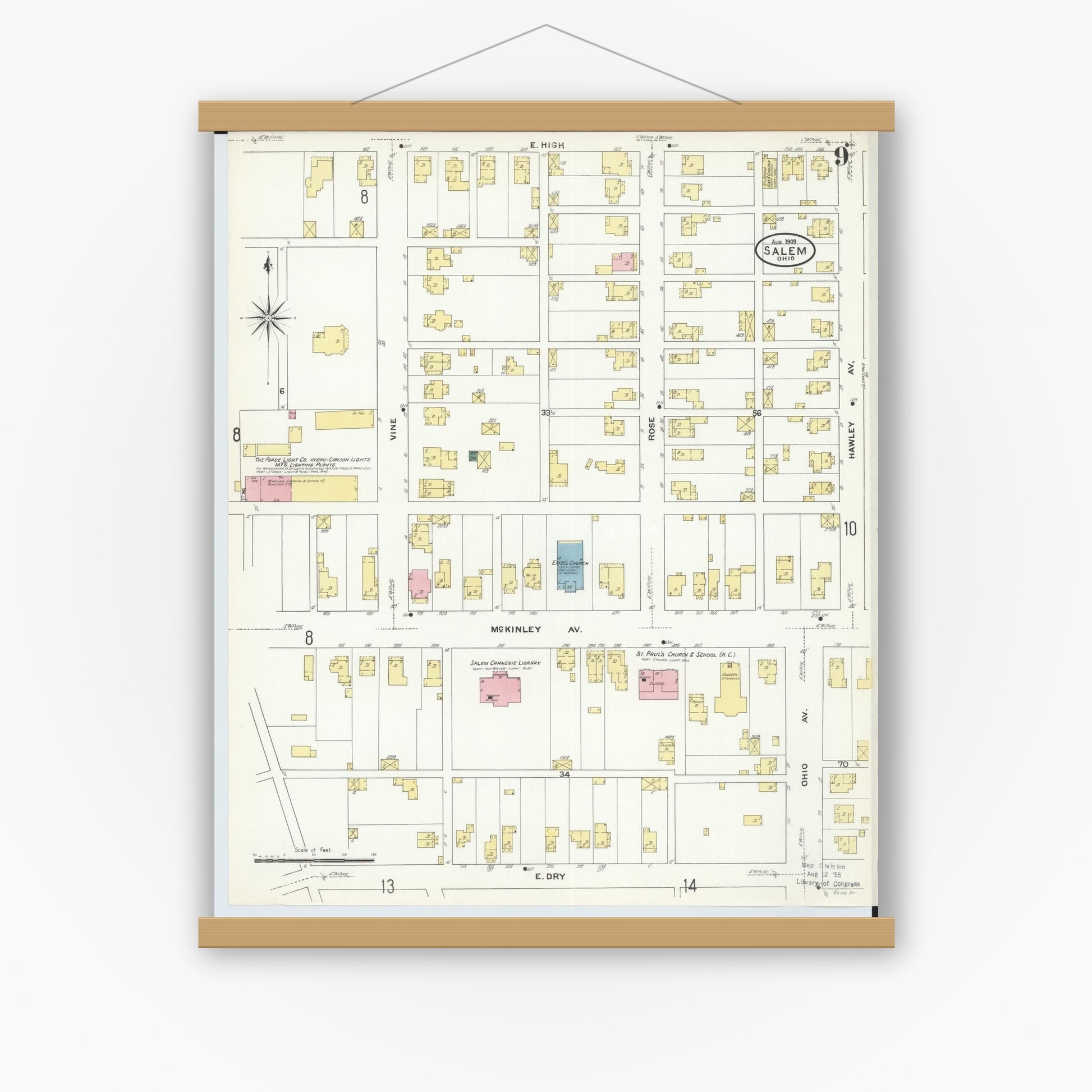 Old map wall art mockup — magnetic wood frame on white wall — Sanborn Fire Insurance Map from Salem, Columbiana County, Ohio (1909), Sheet #0009