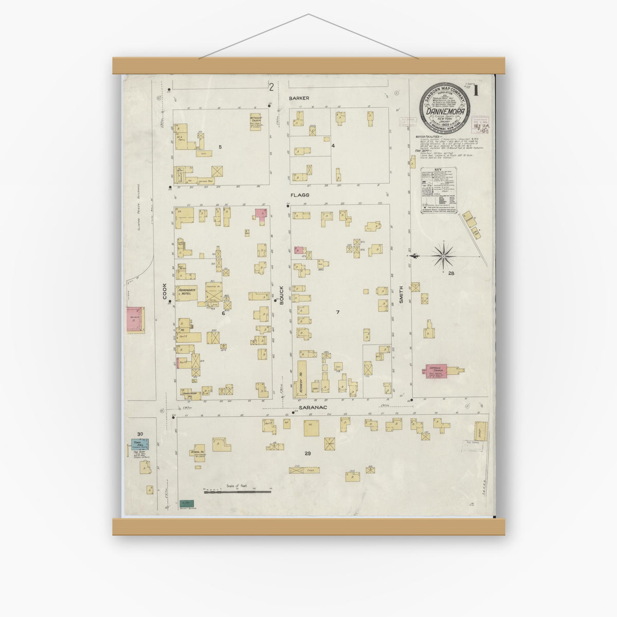 Old map wall art mockup — magnetic wood frame on white wall — Sanborn Fire Insurance Map from Dannemora, Clinton County, New York (1909), Sheet #0001