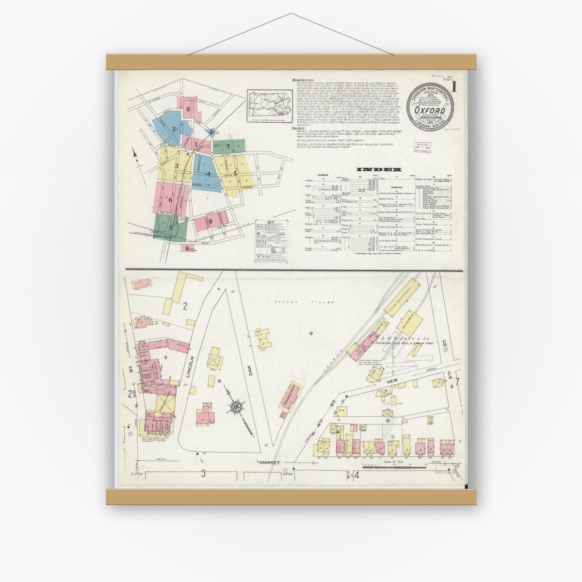 Old map wall art mockup — magnetic wood frame on white wall — Sanborn Fire Insurance Map from Oxford, Chester County, Pennsylvania (1914) - Complete Map Set