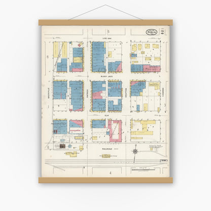 Old map wall art mockup — magnetic wood frame on white wall — Sanborn Fire Insurance Map from Dublin, Erath County, Texas (1921), Sheet #0002