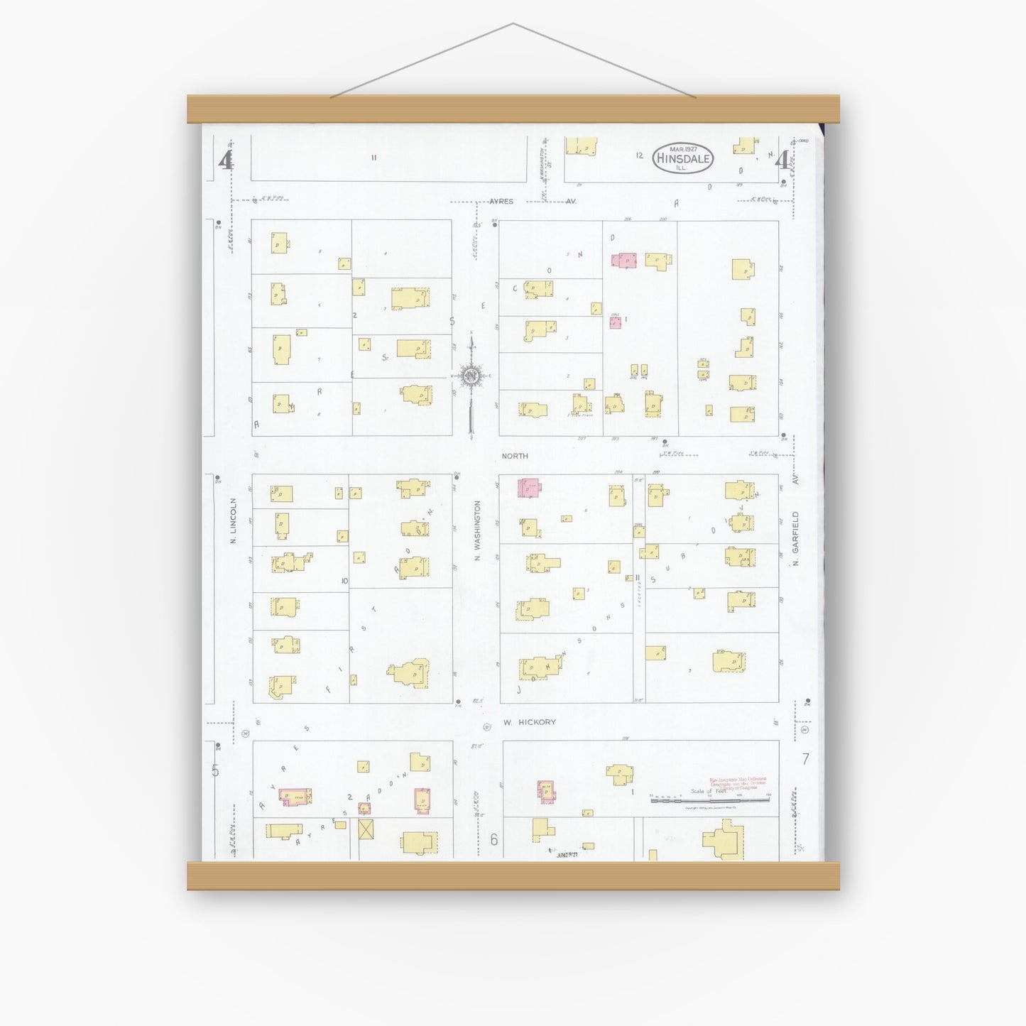 Old map wall art mockup — magnetic wood frame on white wall — Sanborn Fire Insurance Map from Hinsdale, Du Page And Cook Counties, Illinois (1927), Sheet #0004