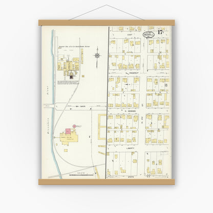 Old map wall art mockup — magnetic wood frame on white wall — Sanborn Fire Insurance Map from Merrill, Lincoln County, Wisconsin (1913), Sheet #0017