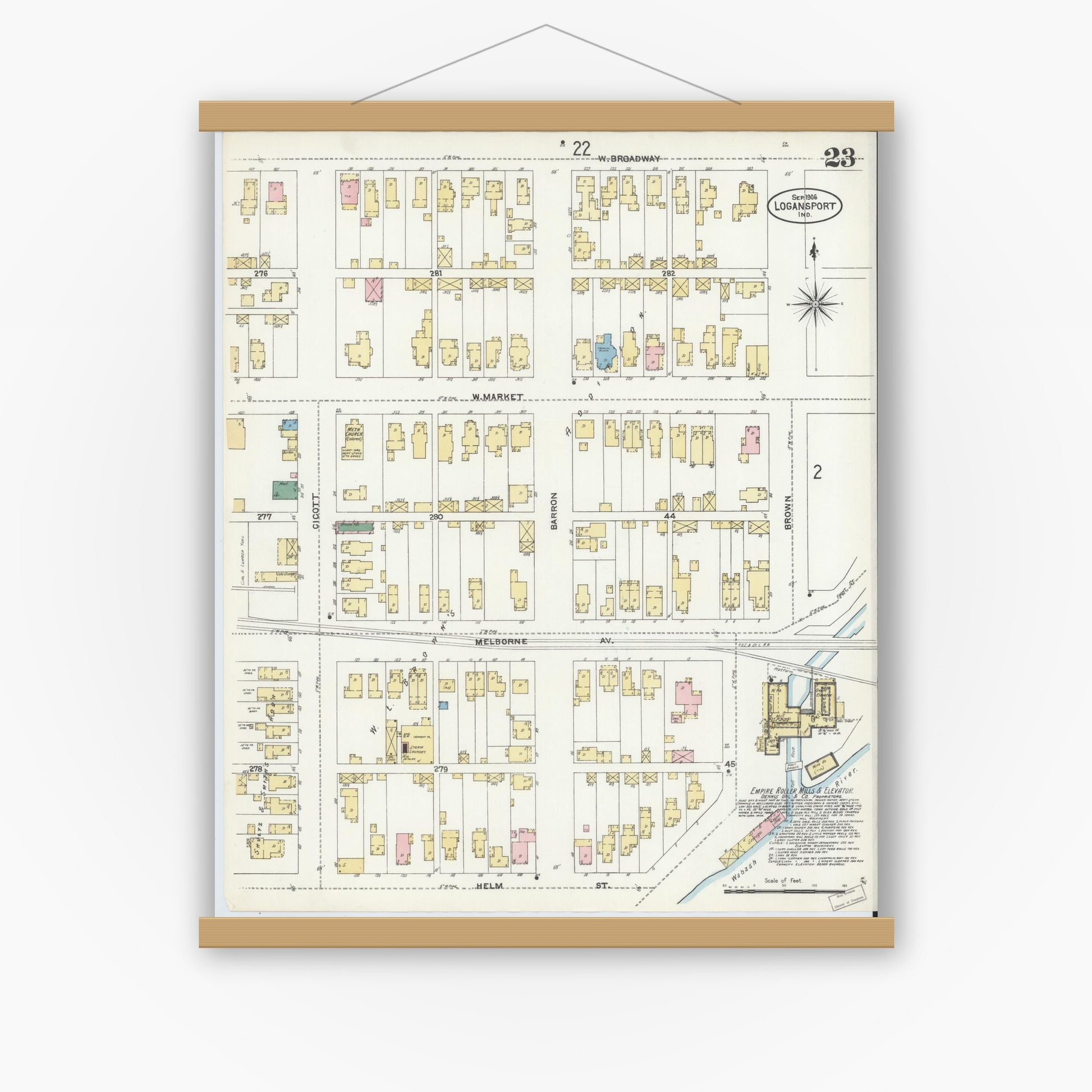 Old map wall art mockup — magnetic wood frame on white wall — Sanborn Fire Insurance Map from Logansport, Cass County, Indiana (1906), Sheet #0023