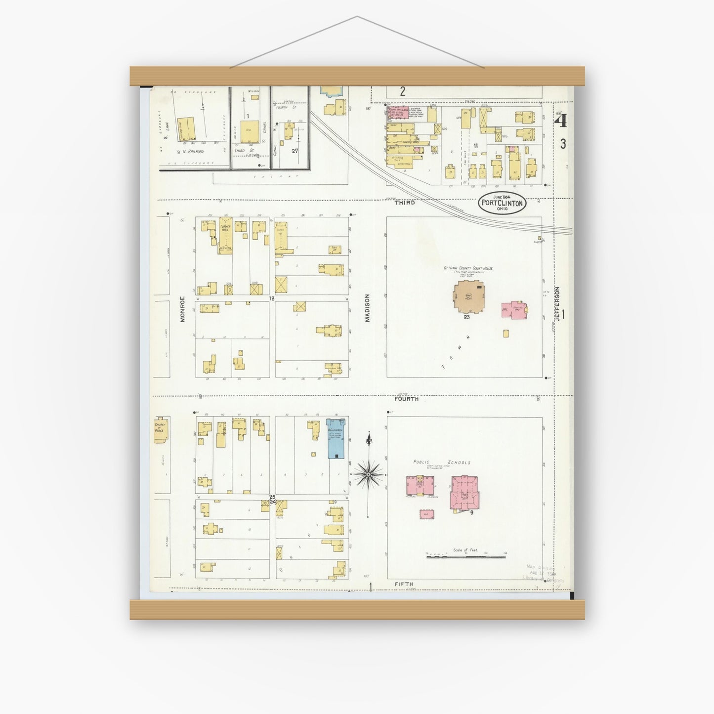 Old map wall art mockup — magnetic wood frame on white wall — Sanborn Fire Insurance Map from Port Clinton, Ottawa County, Ohio (1904), Sheet #0004