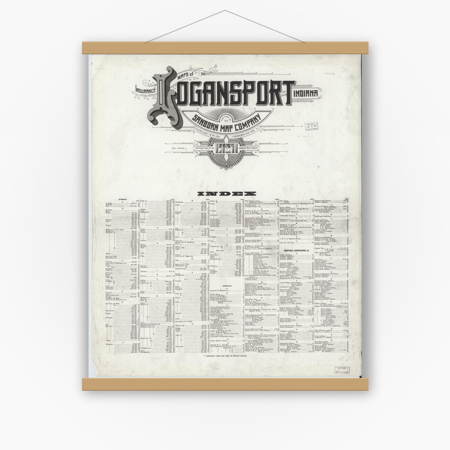 Old map wall art mockup — magnetic wood frame on white wall — Sanborn Fire Insurance Map from Logansport, Cass County, Indiana (1921), Sheet #0001
