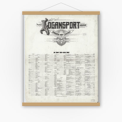 Old map wall art mockup — magnetic wood frame on white wall — Sanborn Fire Insurance Map from Logansport, Cass County, Indiana (1921), Sheet #0001