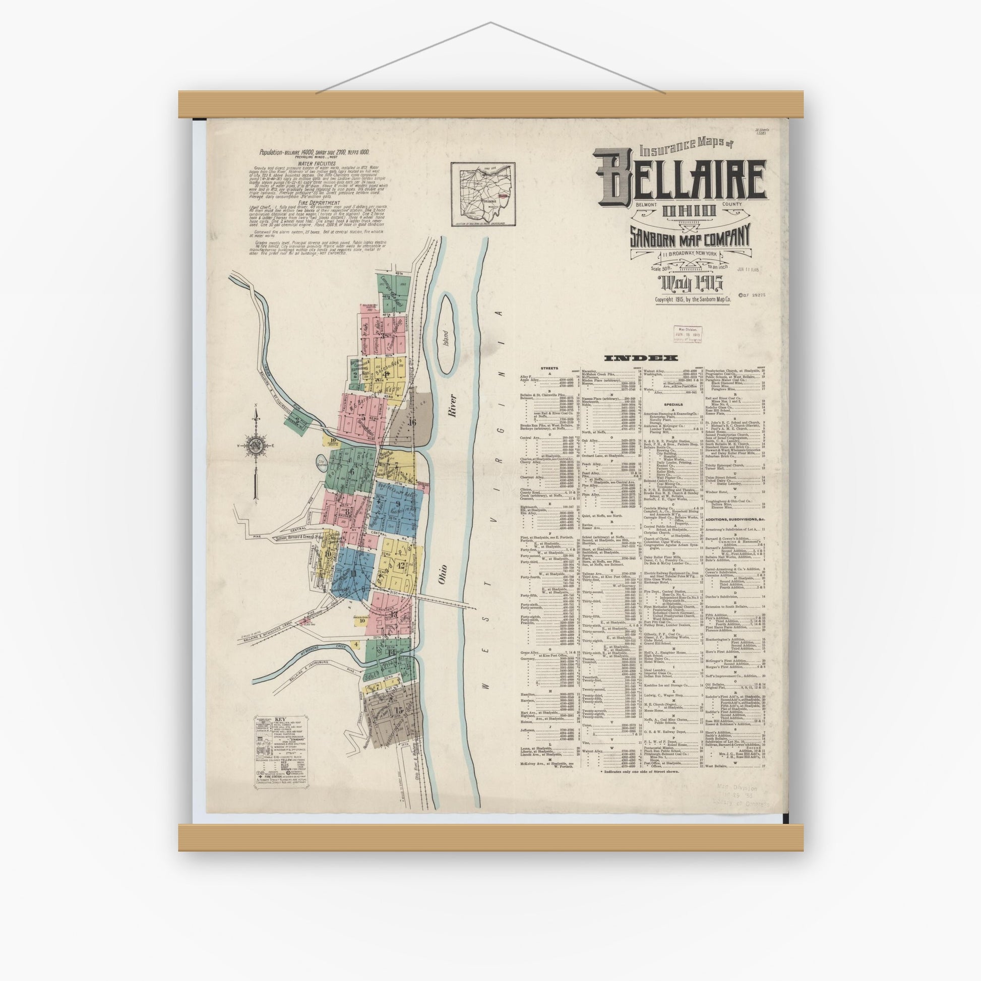Old map wall art mockup — magnetic wood frame on white wall — Sanborn Fire Insurance Map from Bellaire, Belmont County, Ohio (1915) - Complete Map Set