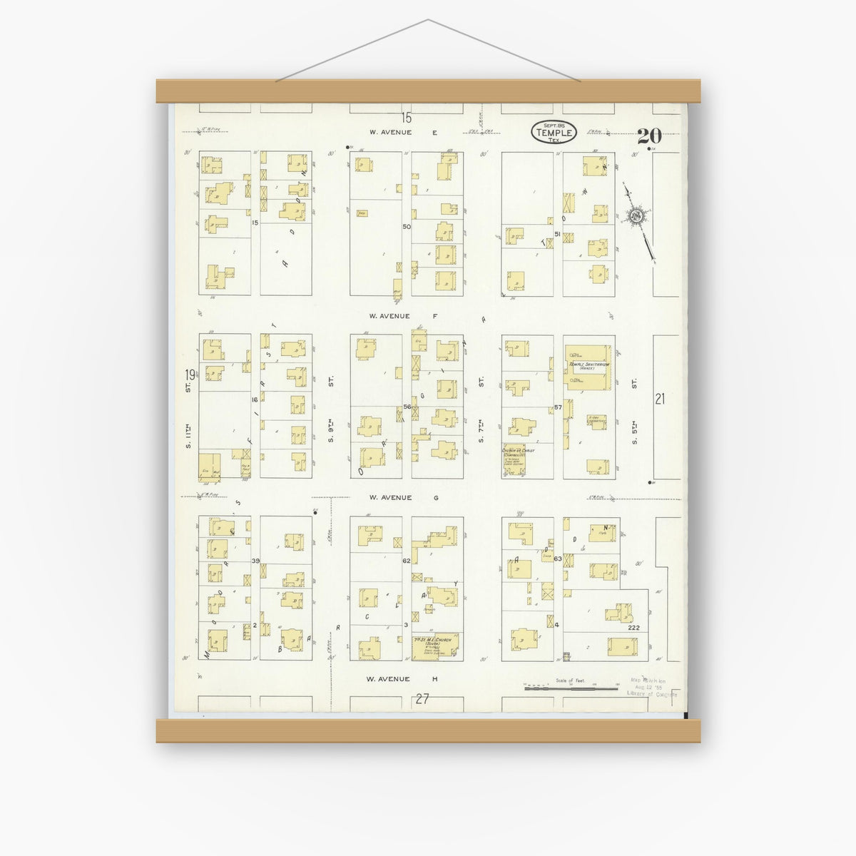 Old map wall art mockup — magnetic wood frame on white wall — Sanborn Fire Insurance Map from Temple, Bell County, Texas (1915), Sheet #0020