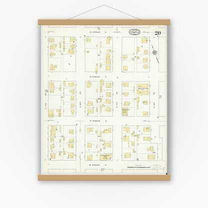 Old map wall art mockup — magnetic wood frame on white wall — Sanborn Fire Insurance Map from Temple, Bell County, Texas (1915), Sheet #0020