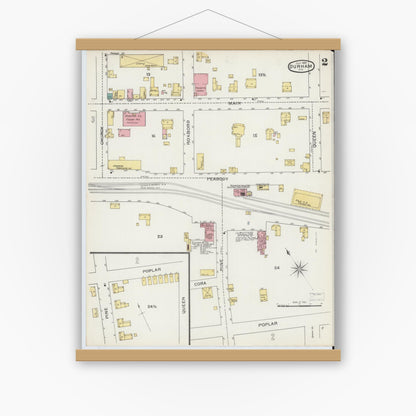 Old map wall art mockup — magnetic wood frame on white wall — Sanborn Fire Insurance Map from Durham, Durham County, North Carolina (1893), Sheet #0002