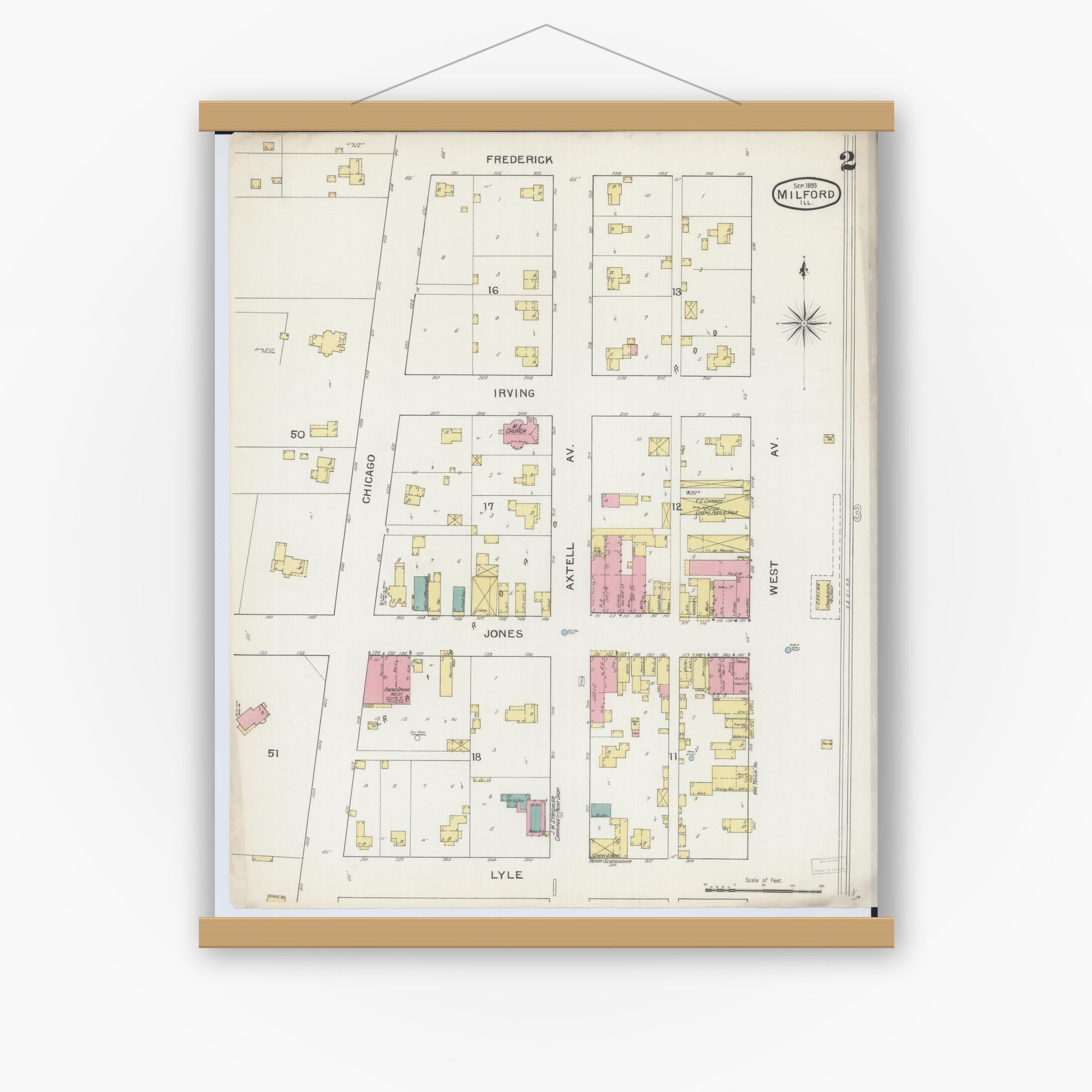 Old map wall art mockup — magnetic wood frame on white wall — Sanborn Fire Insurance Map from Milford, Iroquois County, Illinois (1893), Sheet #0002