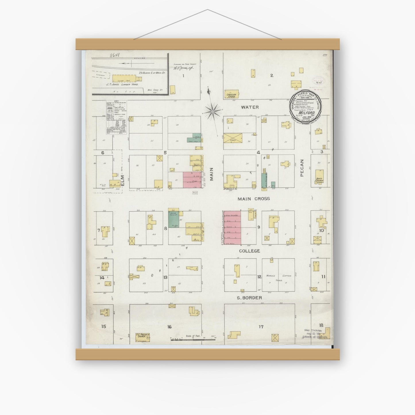 Old map wall art mockup — magnetic wood frame on white wall — Sanborn Fire Insurance Map from Milford, Ellis County, Texas (1894), Sheet #0001