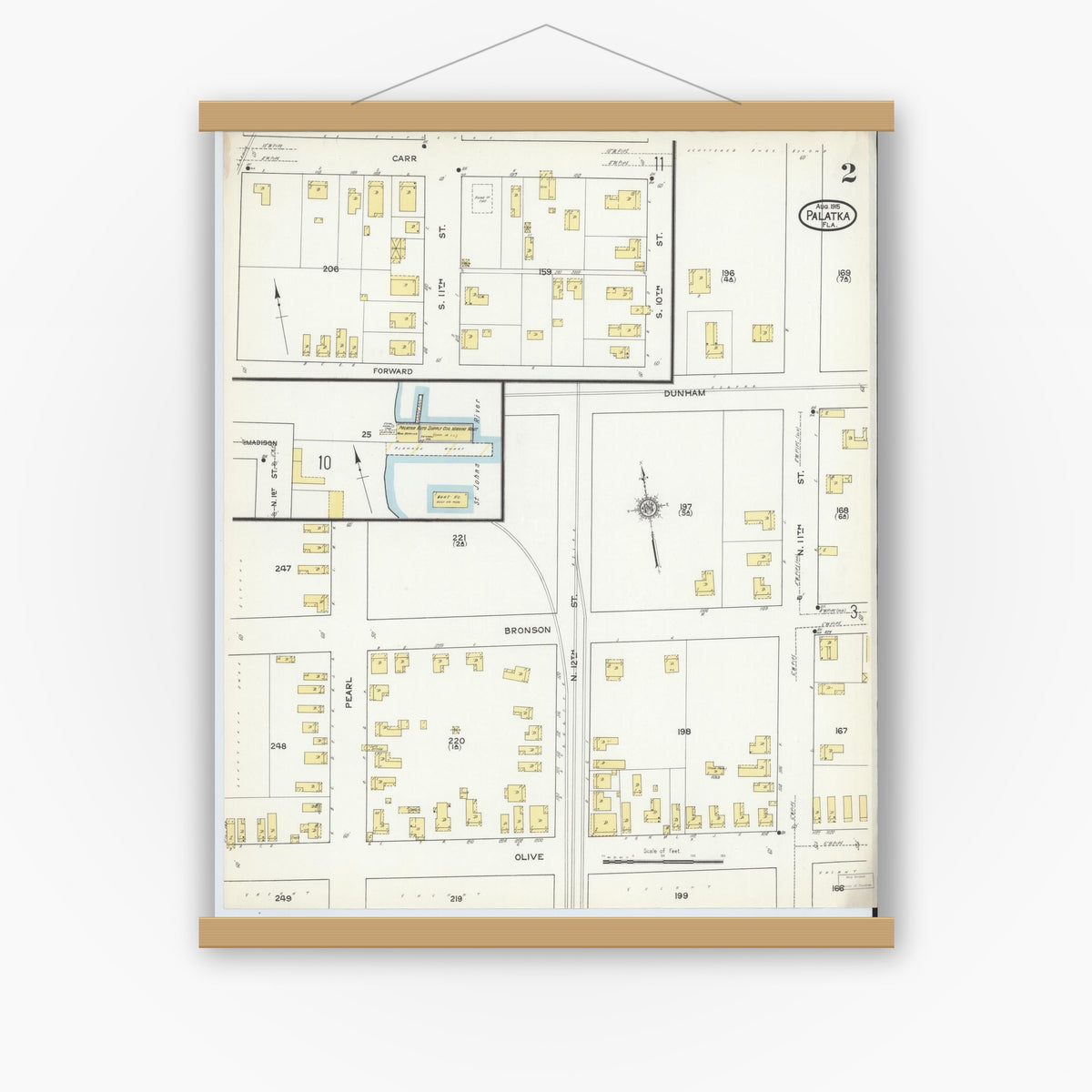 Old map wall art mockup — magnetic wood frame on white wall — Sanborn Fire Insurance Map from Palatka, Putnam County, Florida (1915), Sheet #0002