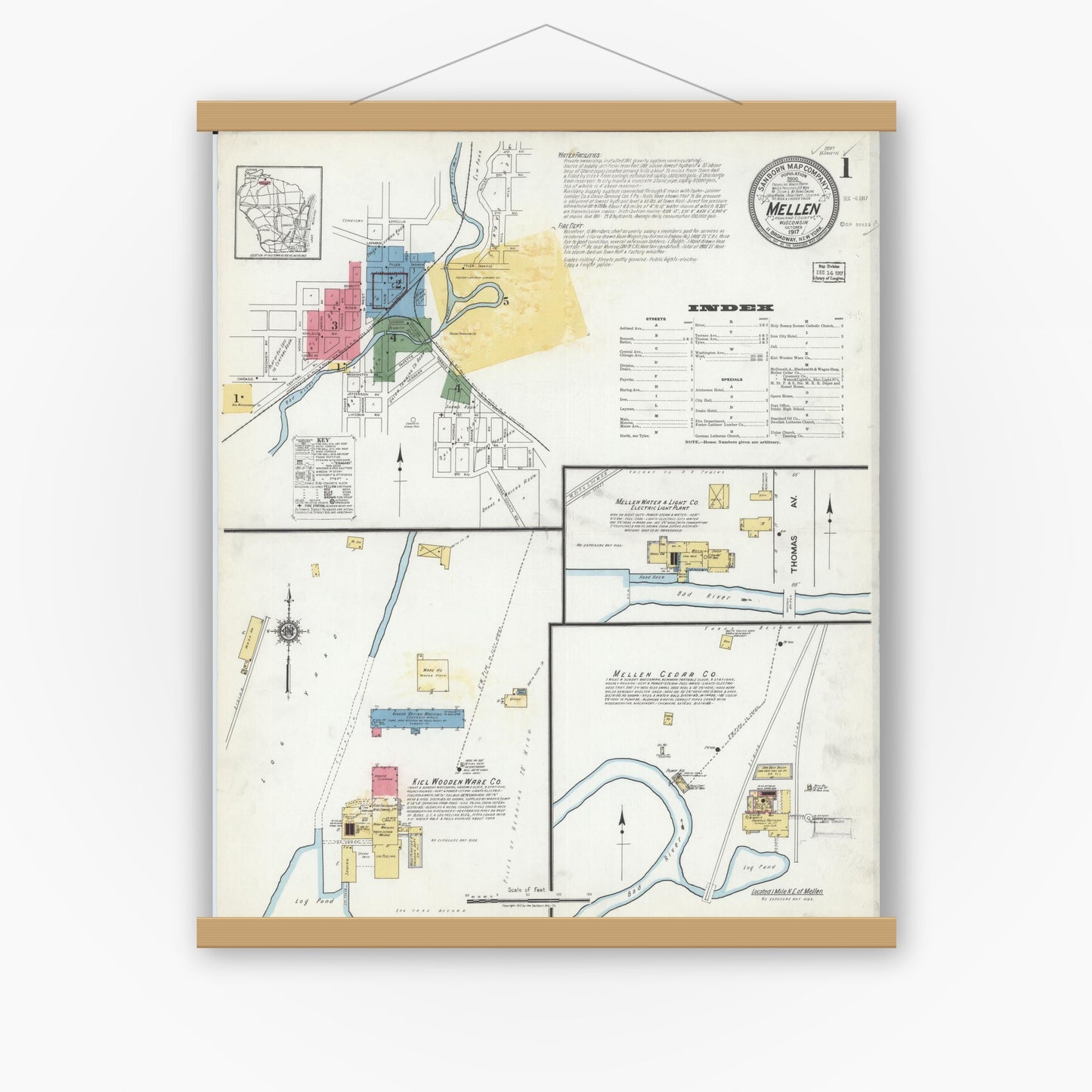 Old map wall art mockup — magnetic wood frame on white wall — Sanborn Fire Insurance Map from Mellen, Ashland County, Wisconsin (1917), Sheet #0001