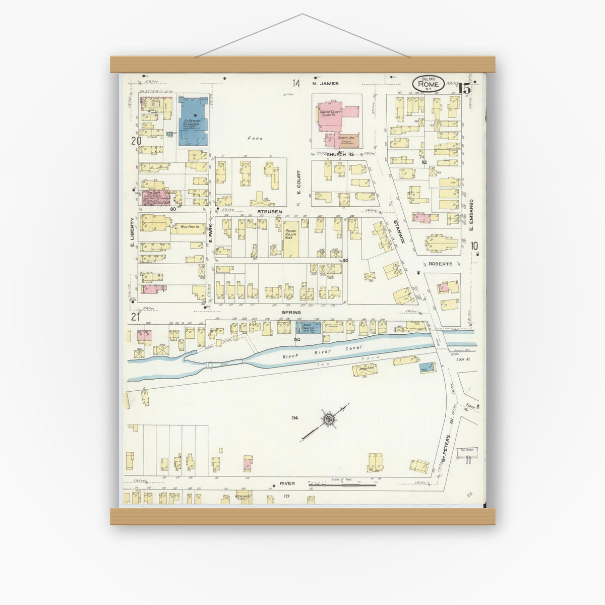 Old map wall art mockup — magnetic wood frame on white wall — Sanborn Fire Insurance Map from Rome, Oneida County, New York (1909), Sheet #0015