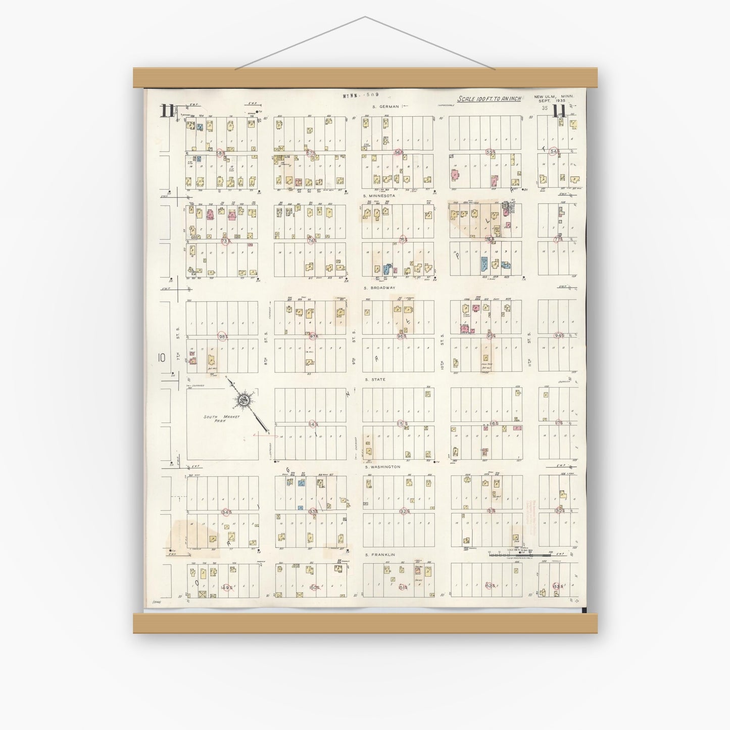Old map wall art mockup — magnetic wood frame on white wall — Sanborn Fire Insurance Map from New Ulm, Brown County, Minnesota (1946), Sheet #0011