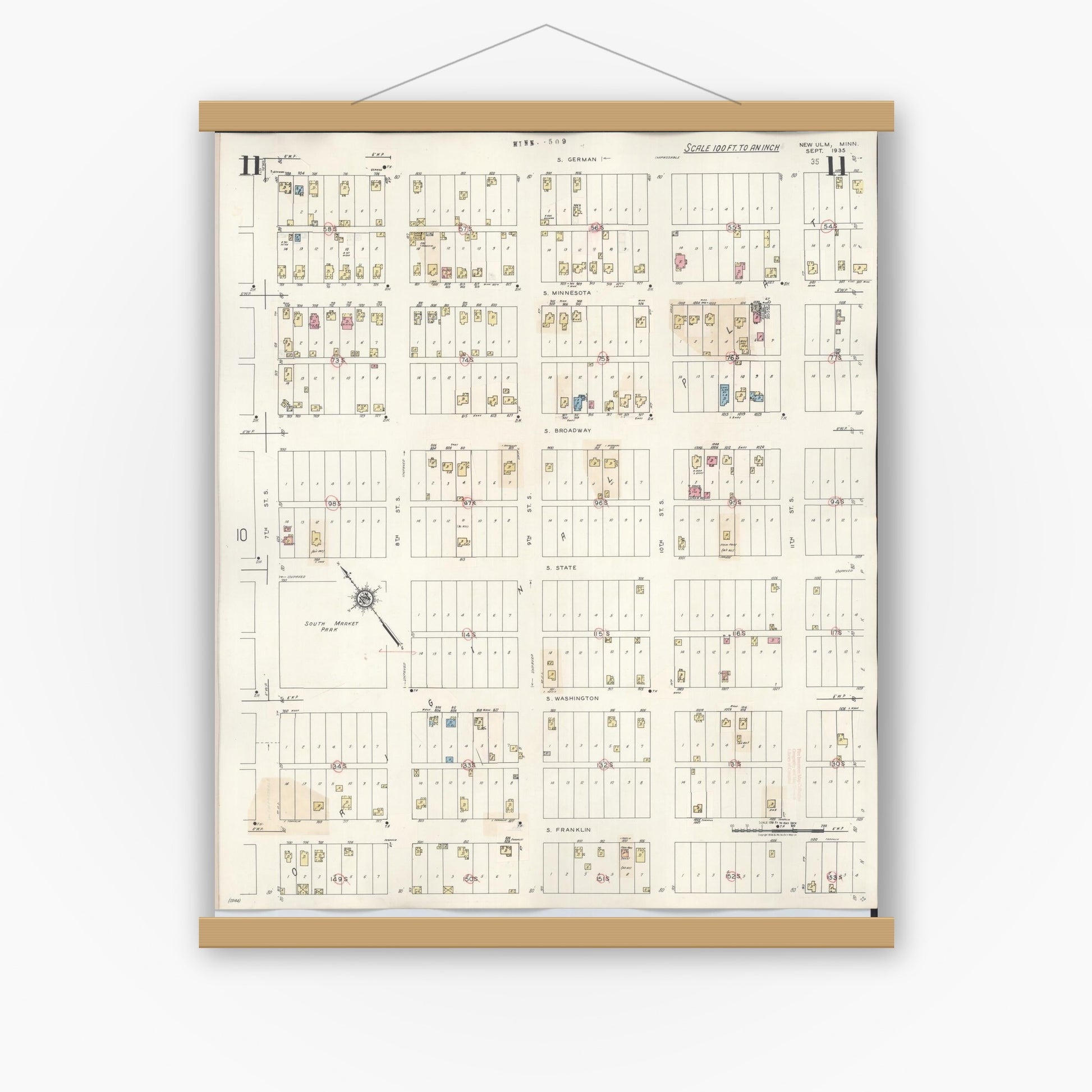 Old map wall art mockup — magnetic wood frame on white wall — Sanborn Fire Insurance Map from New Ulm, Brown County, Minnesota (1946), Sheet #0011
