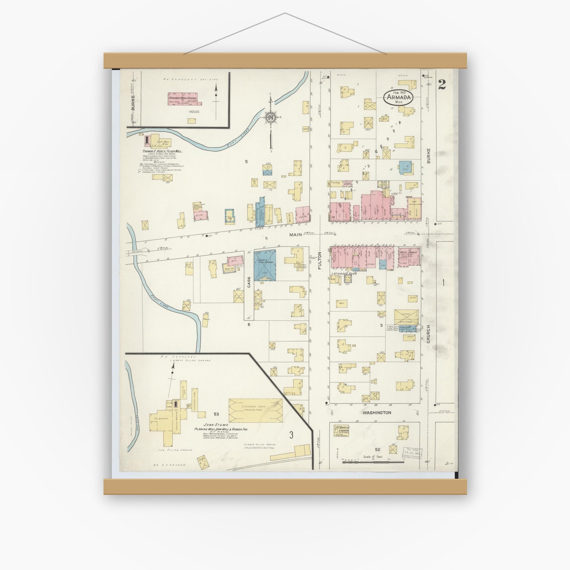 Old map wall art mockup — magnetic wood frame on white wall — Sanborn Fire Insurance Map from Armada, Macomb County, Michigan (1913), Sheet #0002