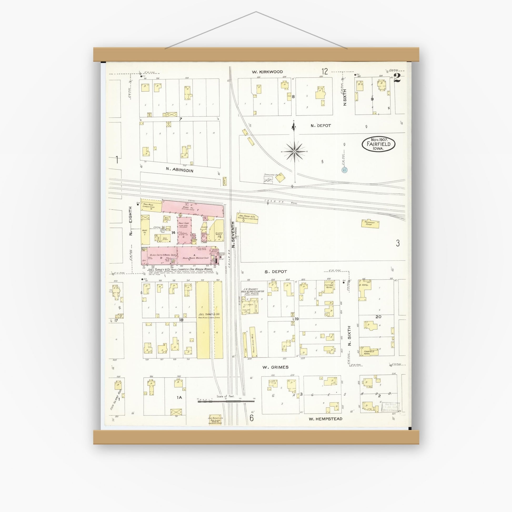 Old map wall art mockup — magnetic wood frame on white wall — Sanborn Fire Insurance Map from Fairfield, Jefferson County, Iowa (1907), Sheet #0002