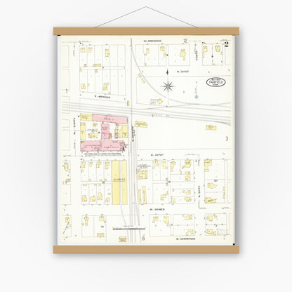 Old map wall art mockup — magnetic wood frame on white wall — Sanborn Fire Insurance Map from Fairfield, Jefferson County, Iowa (1907), Sheet #0002