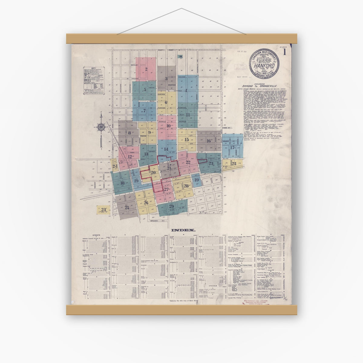 Old map wall art mockup — magnetic wood frame on white wall — Sanborn Fire Insurance Map from Hanford, Kings County, California (1913) - Complete Map Set