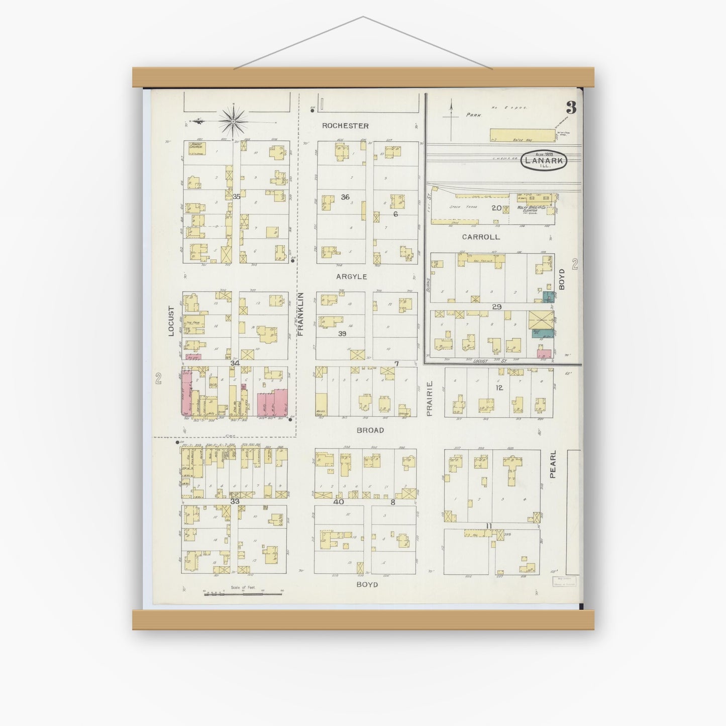 Old map wall art mockup — magnetic wood frame on white wall — Sanborn Fire Insurance Map from Lanark, Carroll County, Illinois (1893), Sheet #0003