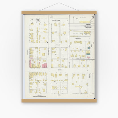 Old map wall art mockup — magnetic wood frame on white wall — Sanborn Fire Insurance Map from Lanark, Carroll County, Illinois (1893), Sheet #0003