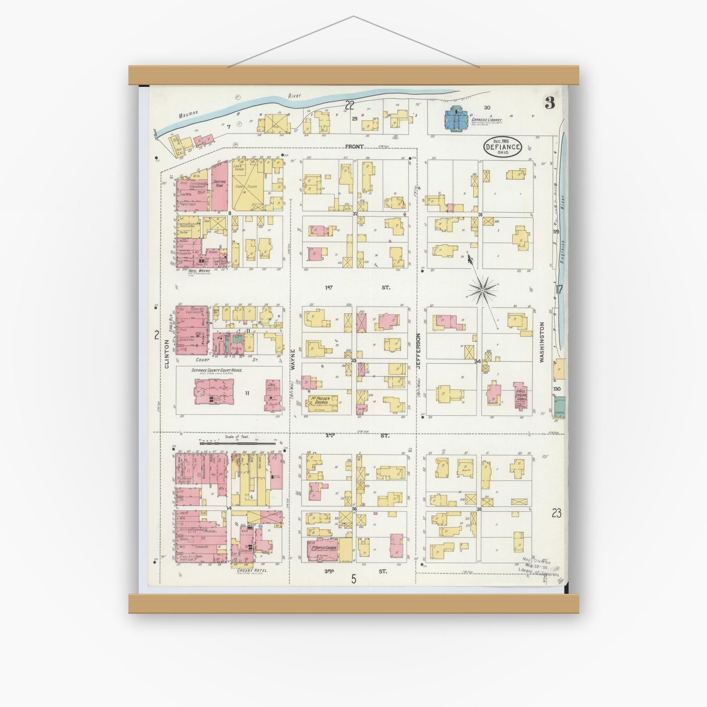 Old map wall art mockup — magnetic wood frame on white wall — Sanborn Fire Insurance Map from Defiance, Defiance County, Ohio (1905), Sheet #0003