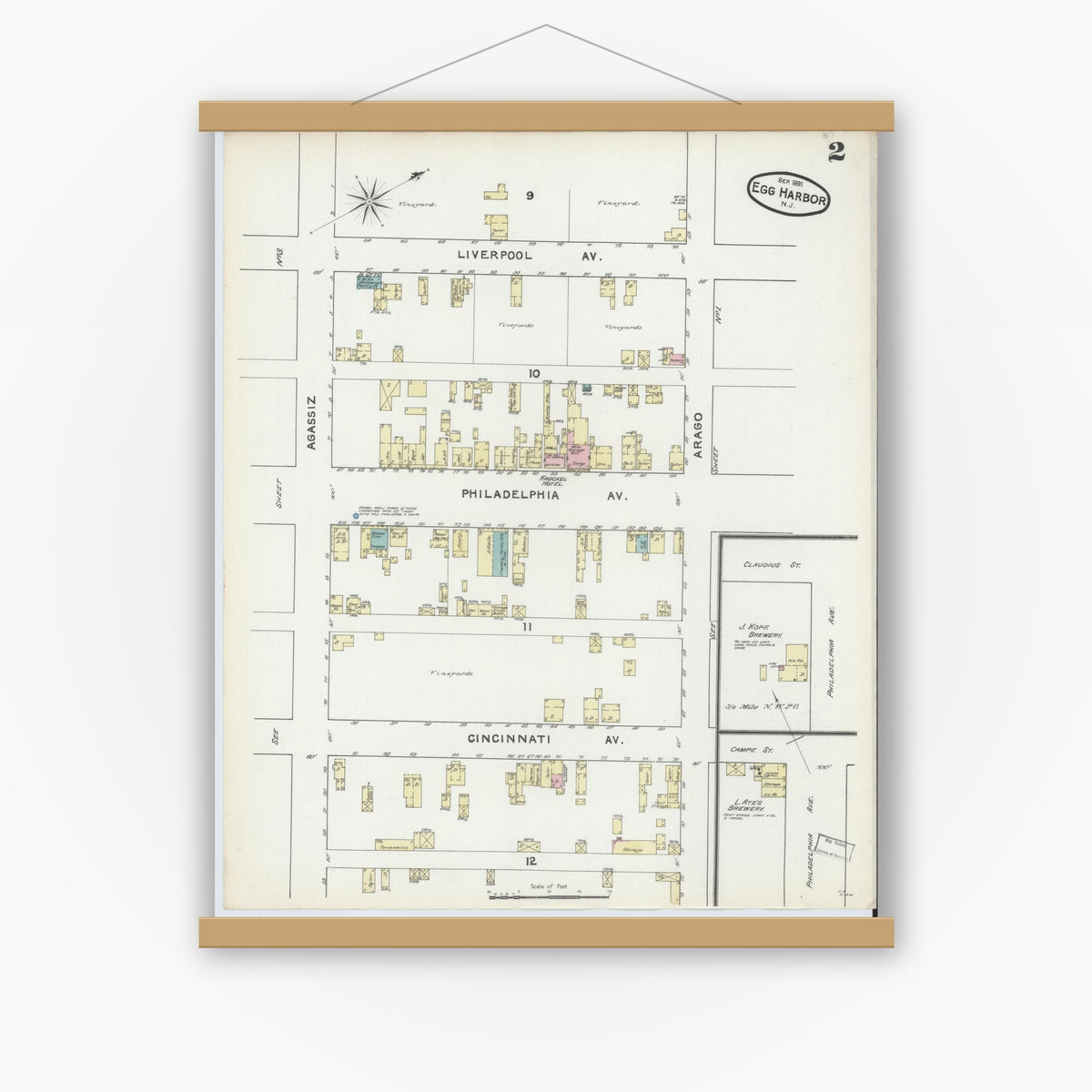 Old map wall art mockup — magnetic wood frame on white wall — Sanborn Fire Insurance Map from Egg Harbor City, Atlantic County, New Jersey (1891), Sheet #0002