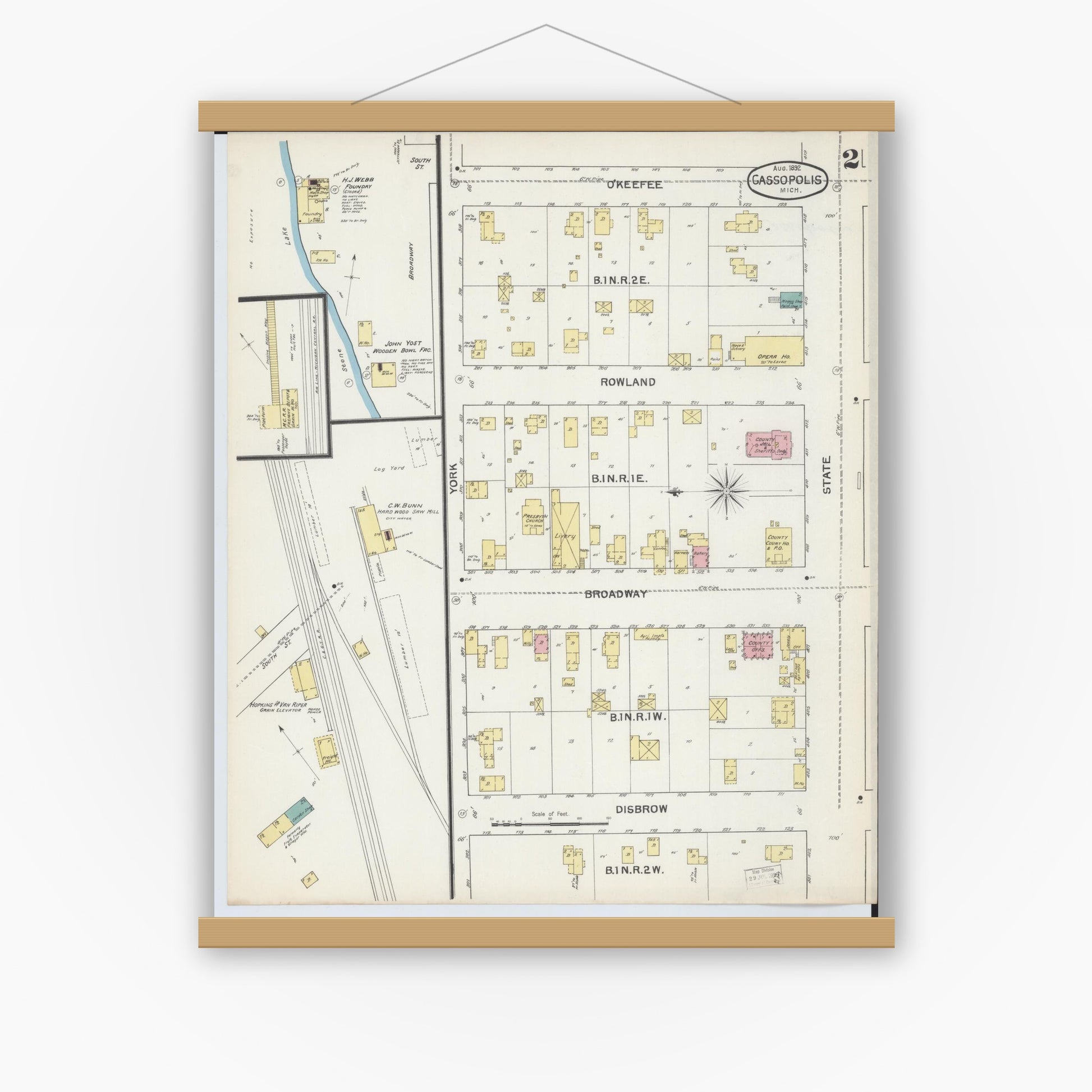 Old map wall art mockup — magnetic wood frame on white wall — Sanborn Fire Insurance Map from Cassopolis, Cass County, Michigan (1892), Sheet #0002