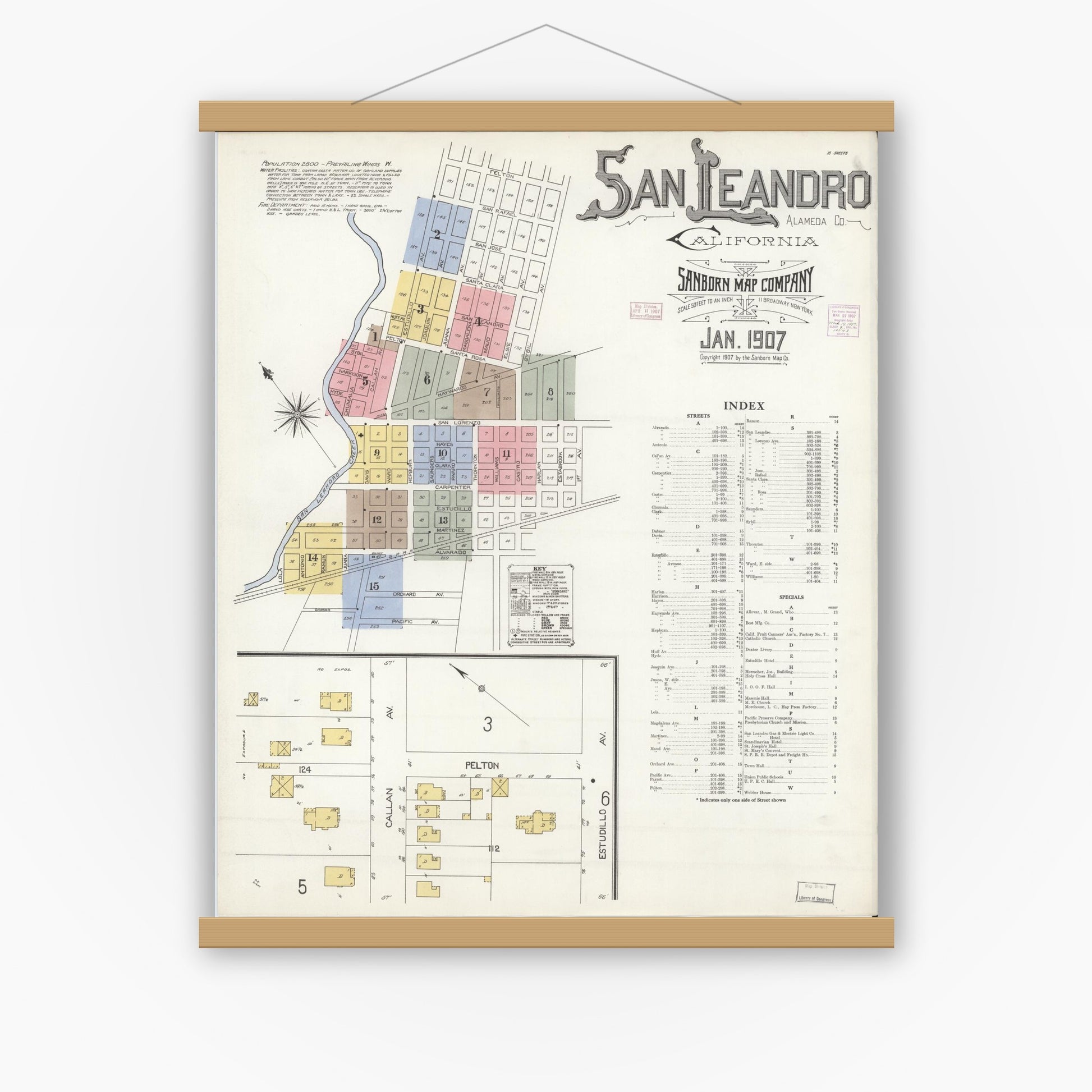 Old map wall art mockup — magnetic wood frame on white wall — Sanborn Fire Insurance Map from San Leandro, Alameda County, California (1907) - Complete Map Set