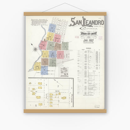 Old map wall art mockup — magnetic wood frame on white wall — Sanborn Fire Insurance Map from San Leandro, Alameda County, California (1907) - Complete Map Set