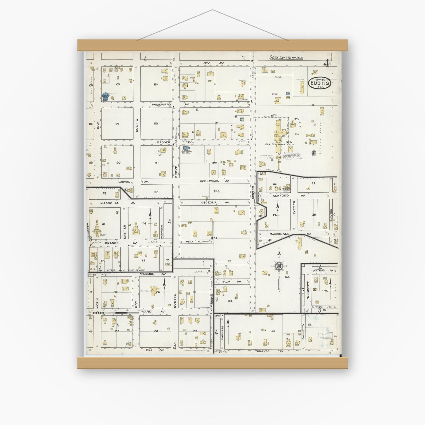 Old map wall art mockup — magnetic wood frame on white wall — Sanborn Fire Insurance Map from Eustis, Lake County, Florida (1917), Sheet #0004