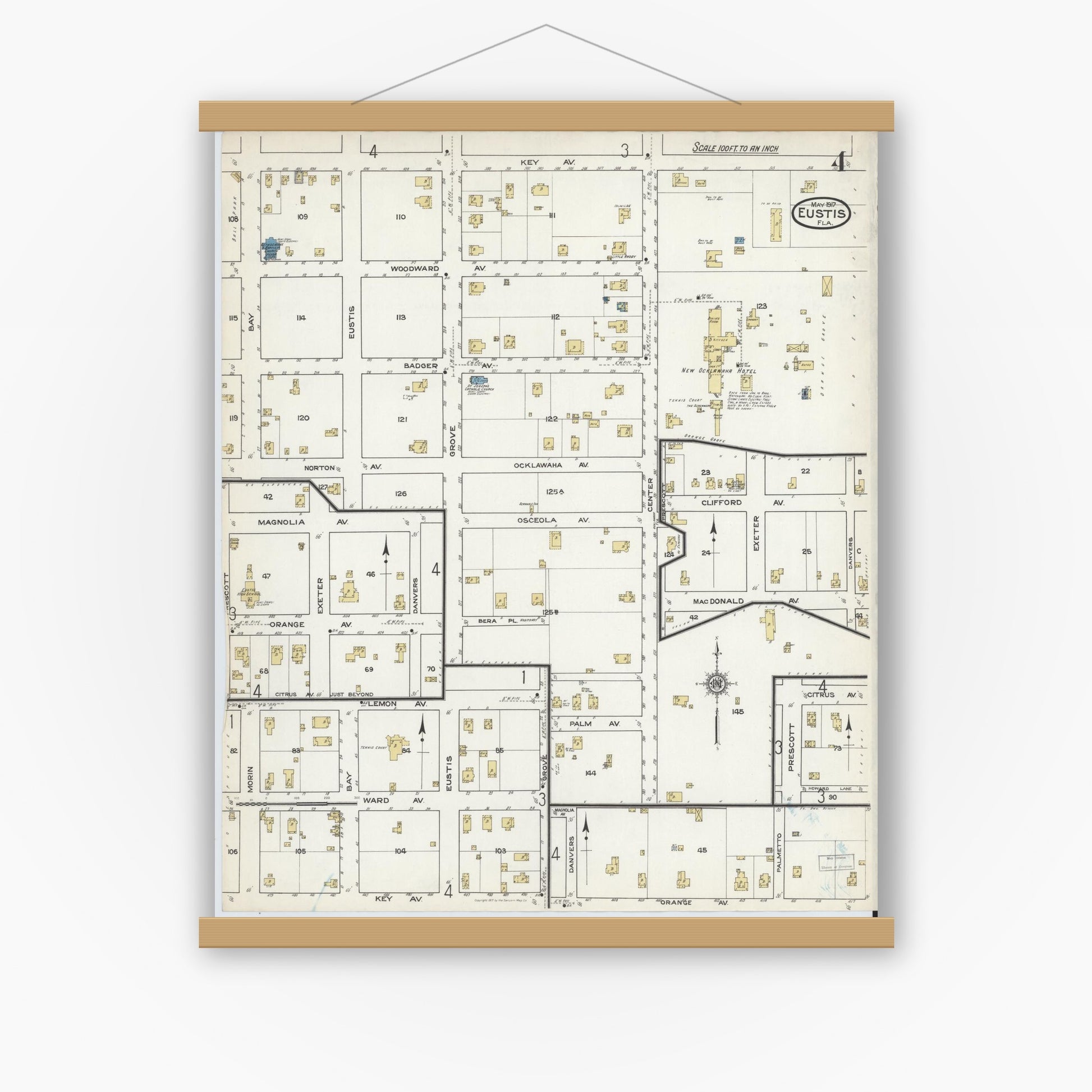 Old map wall art mockup — magnetic wood frame on white wall — Sanborn Fire Insurance Map from Eustis, Lake County, Florida (1917), Sheet #0004