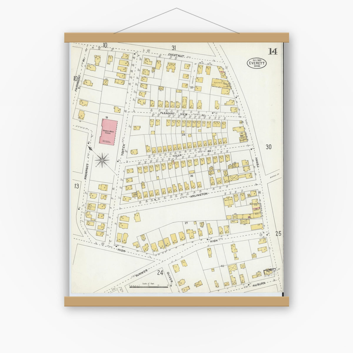 Old map wall art mockup — magnetic wood frame on white wall — Sanborn Fire Insurance Map from Everett, Middlesex County, Massachusetts (1903), Sheet #0014