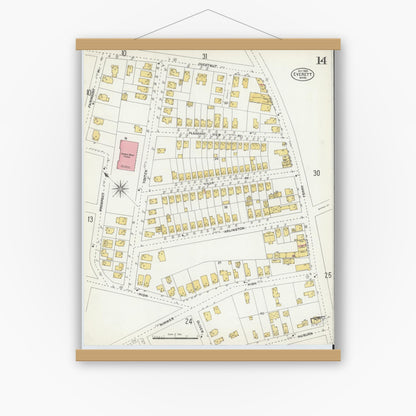 Old map wall art mockup — magnetic wood frame on white wall — Sanborn Fire Insurance Map from Everett, Middlesex County, Massachusetts (1903), Sheet #0014