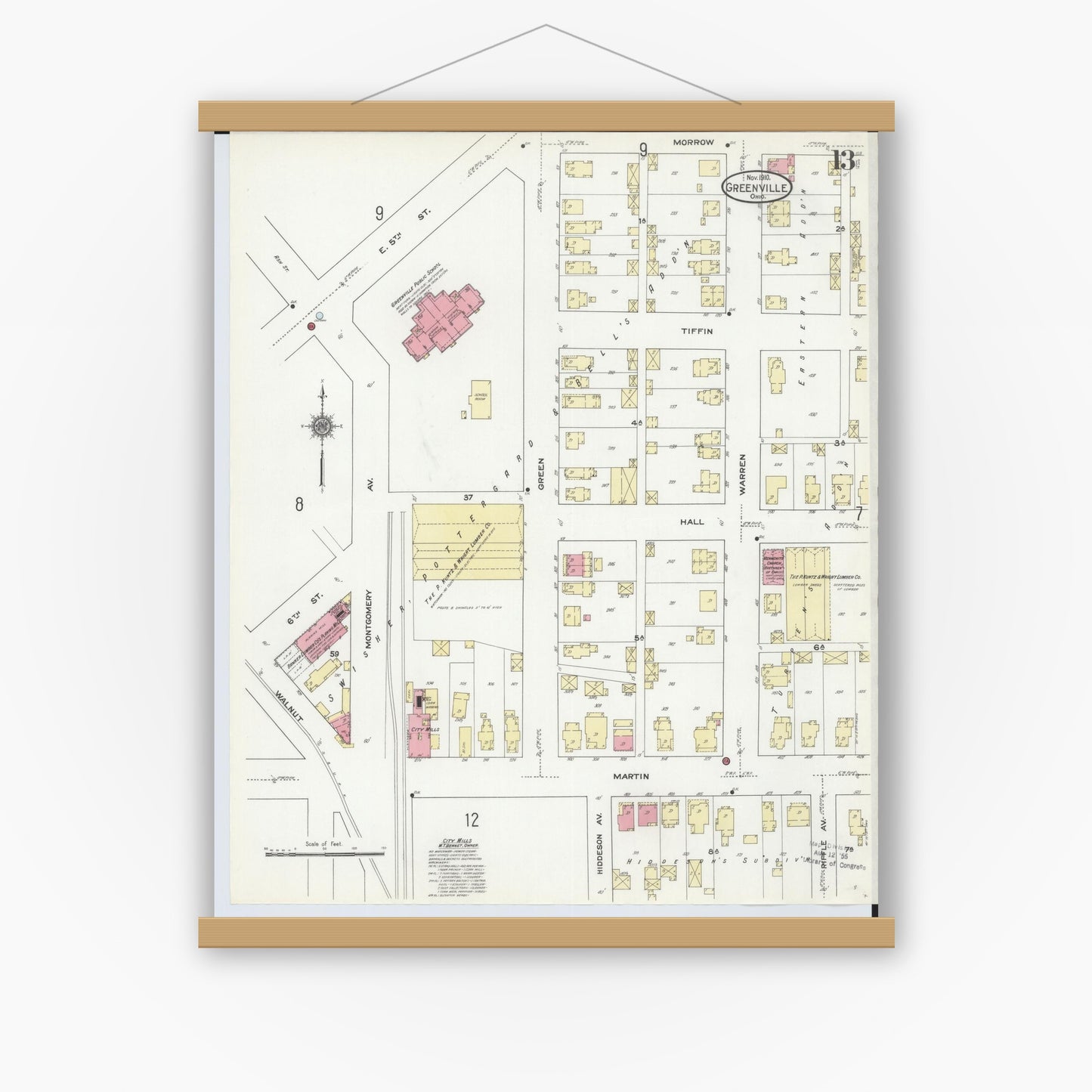 Old map wall art mockup — magnetic wood frame on white wall — Sanborn Fire Insurance Map from Greenville, Darke County, Ohio (1910), Sheet #0013
