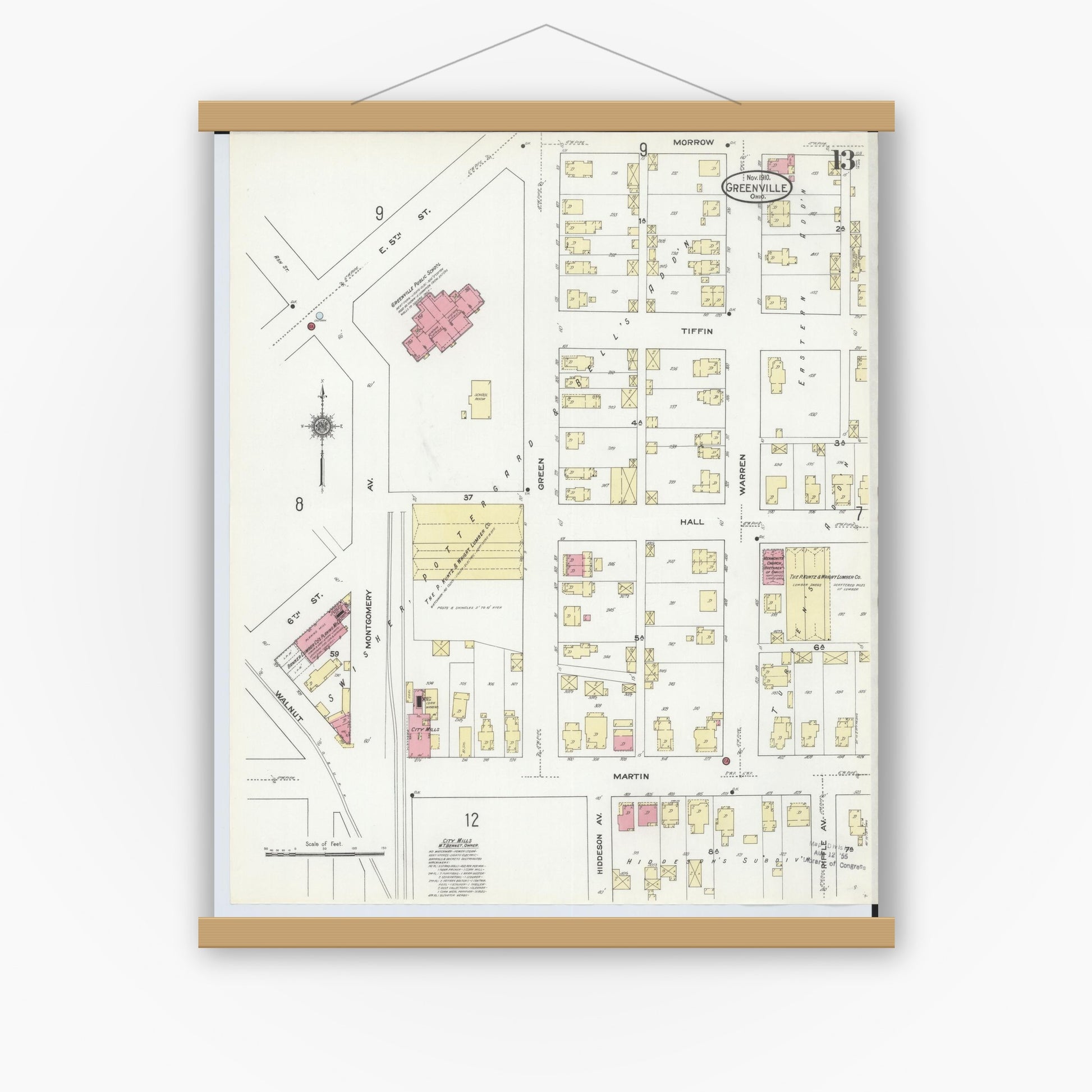 Old map wall art mockup — magnetic wood frame on white wall — Sanborn Fire Insurance Map from Greenville, Darke County, Ohio (1910), Sheet #0013