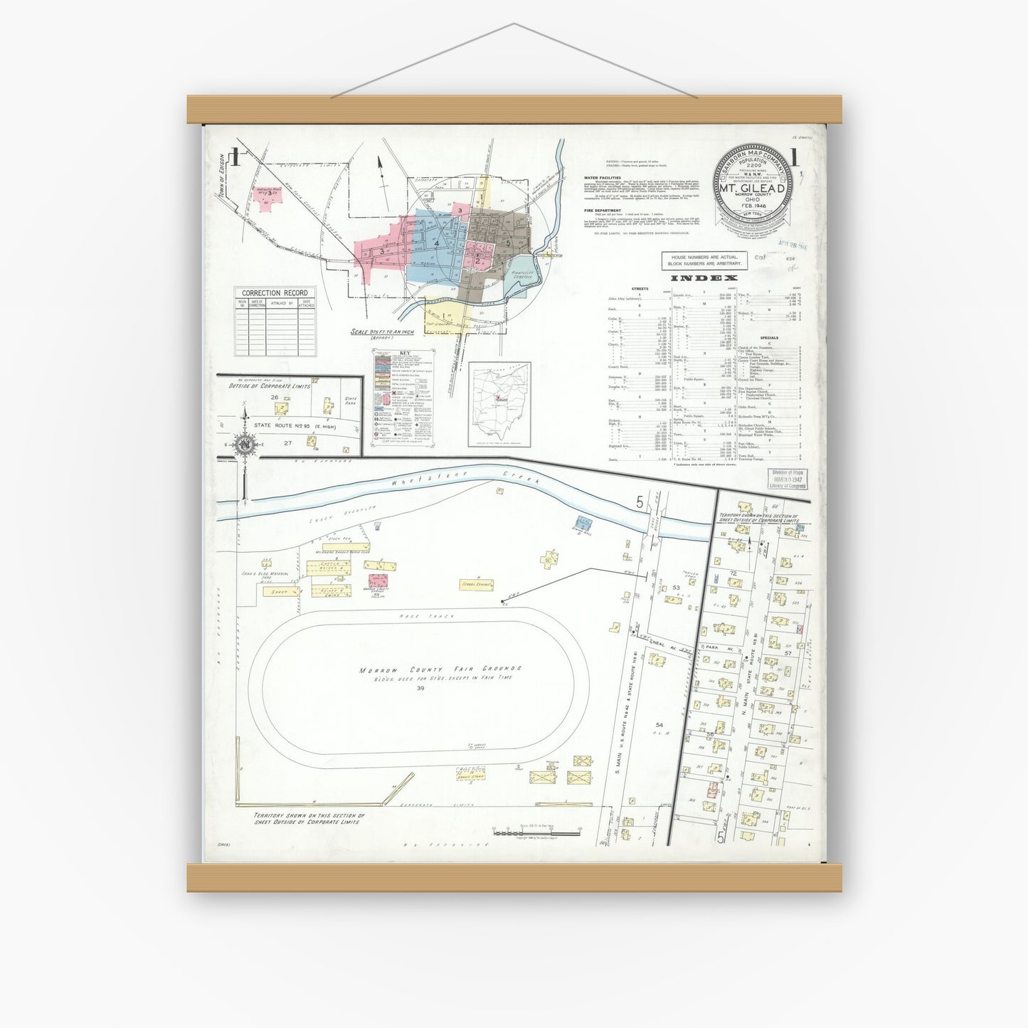 Old map wall art mockup — magnetic wood frame on white wall — Sanborn Fire Insurance Map from Mount Gilead, Morrow County, Ohio (1946), Sheet #0001