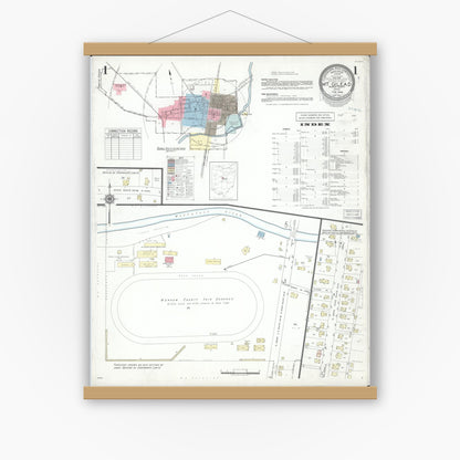 Old map wall art mockup — magnetic wood frame on white wall — Sanborn Fire Insurance Map from Mount Gilead, Morrow County, Ohio (1946), Sheet #0001