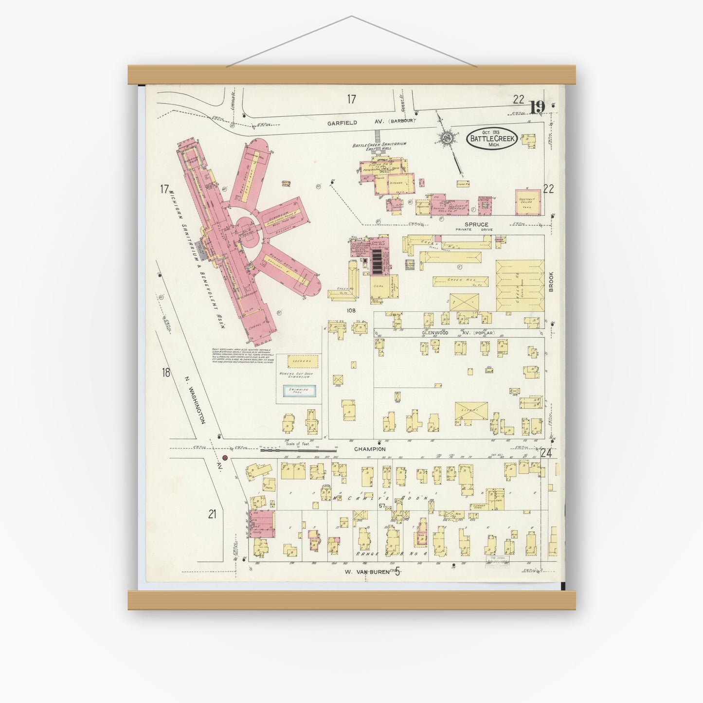 Old map wall art mockup — magnetic wood frame on white wall — Sanborn Fire Insurance Map from Battle Creek, Calhoun County, Michigan (1913), Sheet #0019