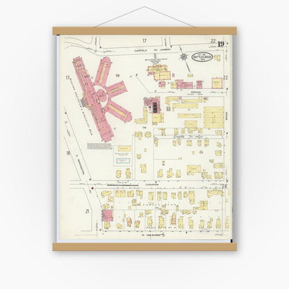 Old map wall art mockup — magnetic wood frame on white wall — Sanborn Fire Insurance Map from Battle Creek, Calhoun County, Michigan (1913), Sheet #0019