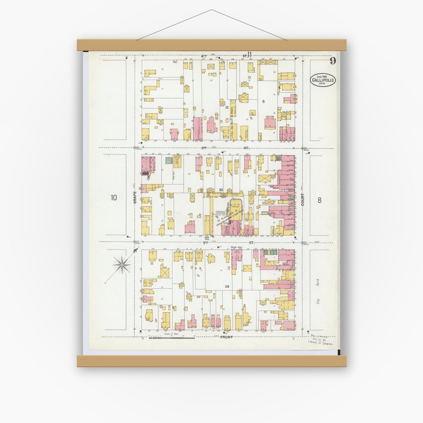 Old map wall art mockup — magnetic wood frame on white wall — Sanborn Fire Insurance Map from Gallipolis, Gallia County, Ohio (1900), Sheet #0009