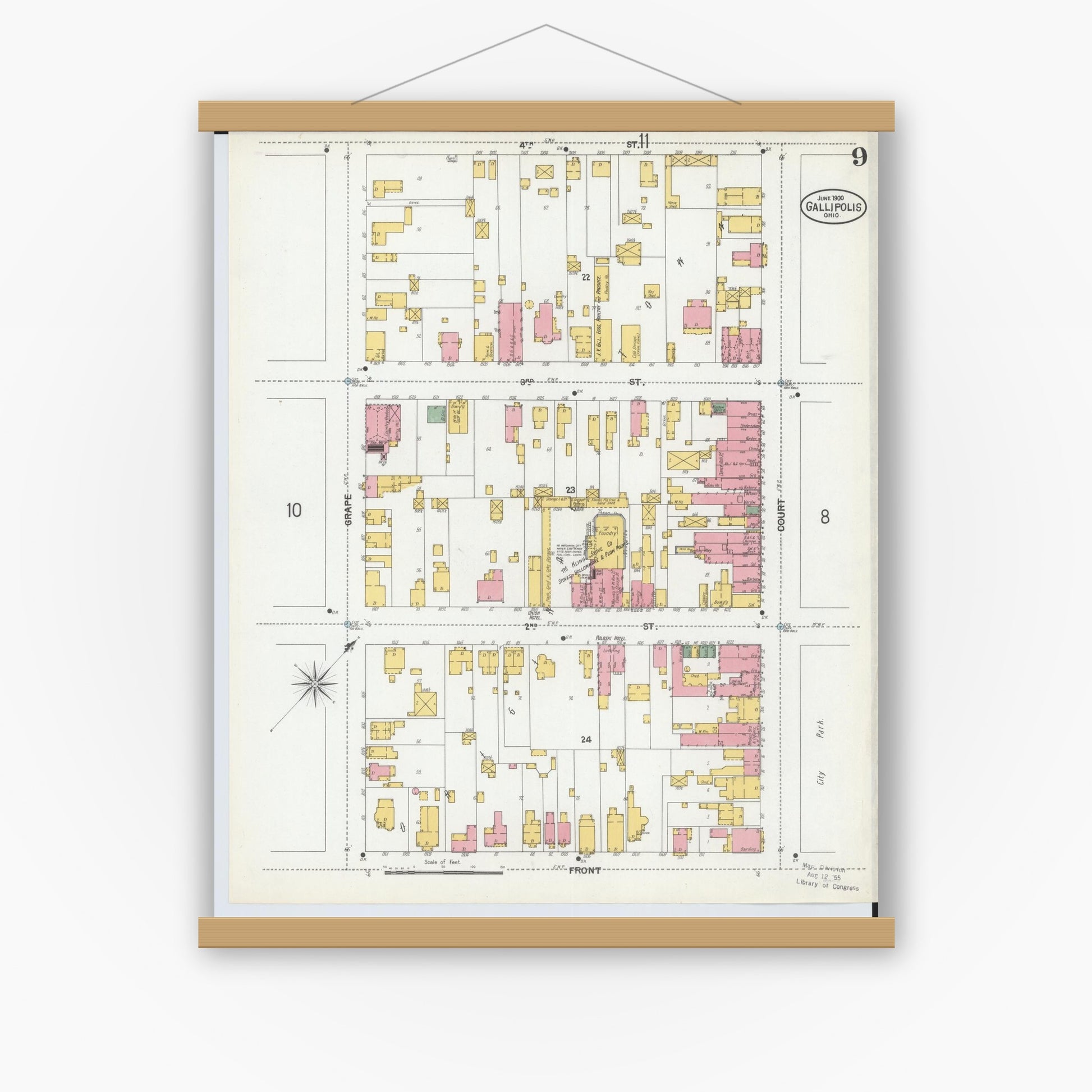 Old map wall art mockup — magnetic wood frame on white wall — Sanborn Fire Insurance Map from Gallipolis, Gallia County, Ohio (1900), Sheet #0009