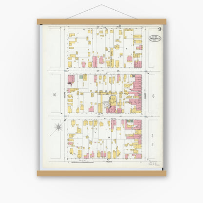 Old map wall art mockup — magnetic wood frame on white wall — Sanborn Fire Insurance Map from Gallipolis, Gallia County, Ohio (1900), Sheet #0009