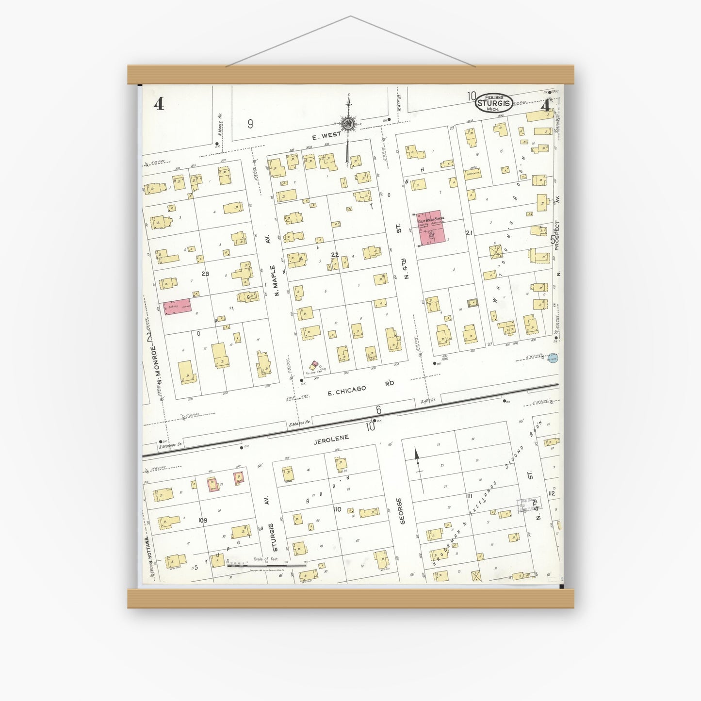 Old map wall art mockup — magnetic wood frame on white wall — Sanborn Fire Insurance Map from Sturgis, Saint Joseph County, Michigan (1923), Sheet #0004