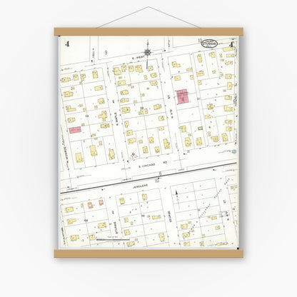 Old map wall art mockup — magnetic wood frame on white wall — Sanborn Fire Insurance Map from Sturgis, Saint Joseph County, Michigan (1923), Sheet #0004
