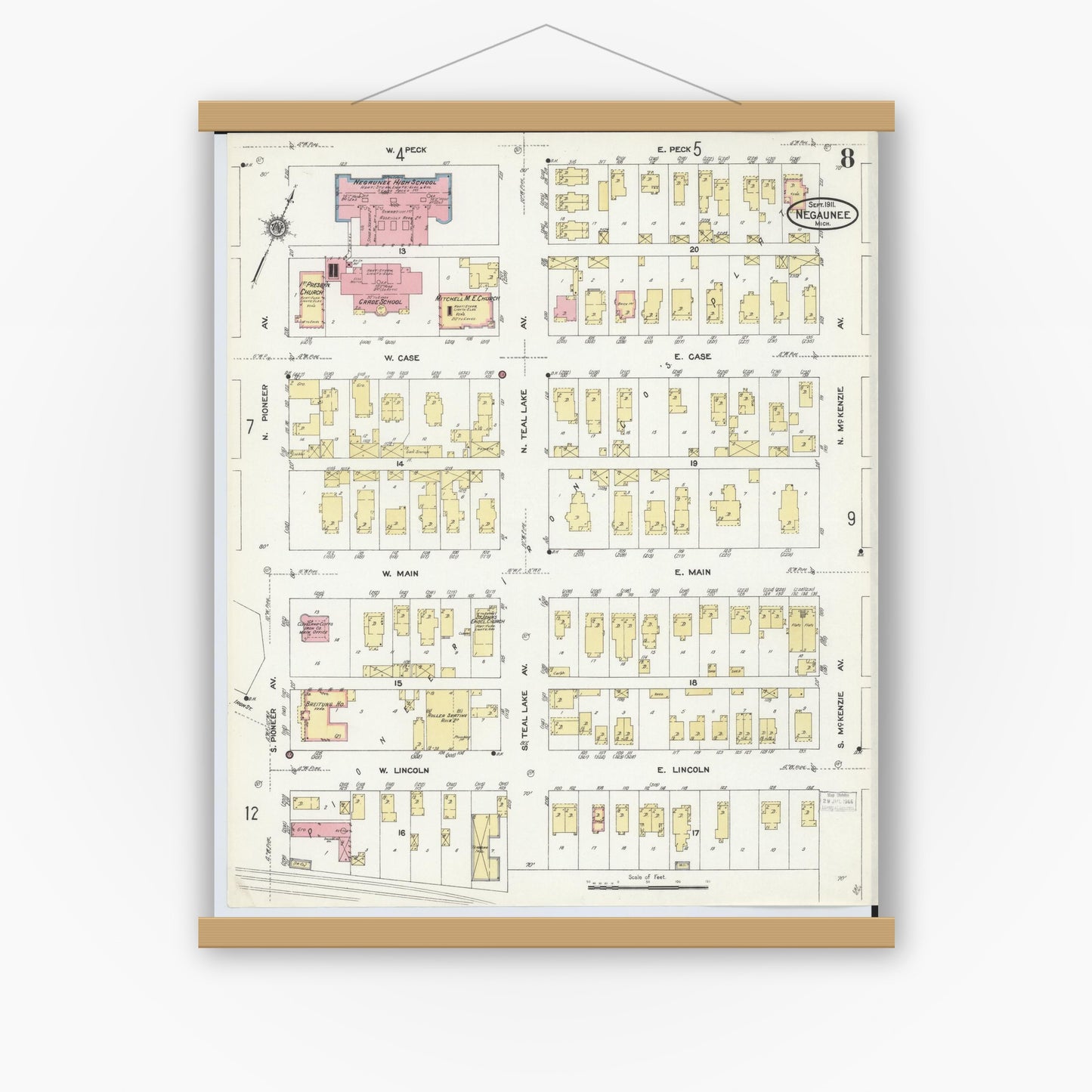 Old map wall art mockup — magnetic wood frame on white wall — Sanborn Fire Insurance Map from Negaunee, Marquette County, Michigan (1911), Sheet #0008