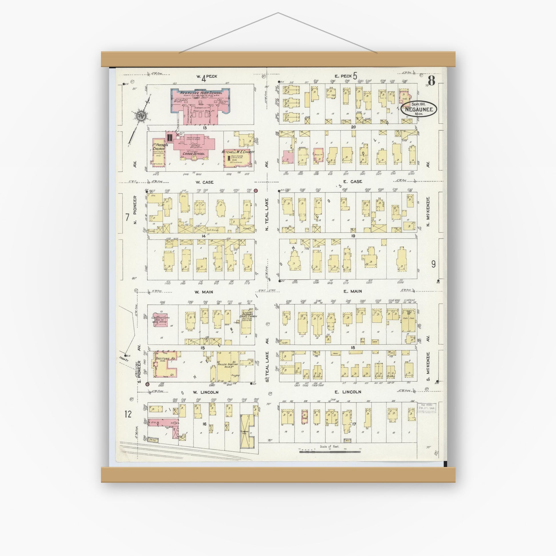 Old map wall art mockup — magnetic wood frame on white wall — Sanborn Fire Insurance Map from Negaunee, Marquette County, Michigan (1911), Sheet #0008